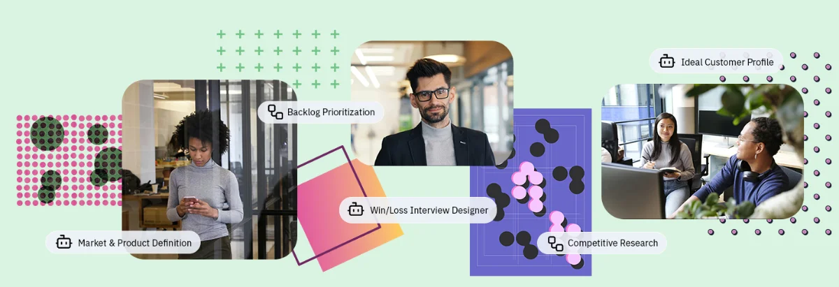 Product professionals at work alongside Pentaria agents: Market and Product Definition, Backlog Prioritization, Win/Loss Interview Designer, Competitive Research and Ideal Customer Profile