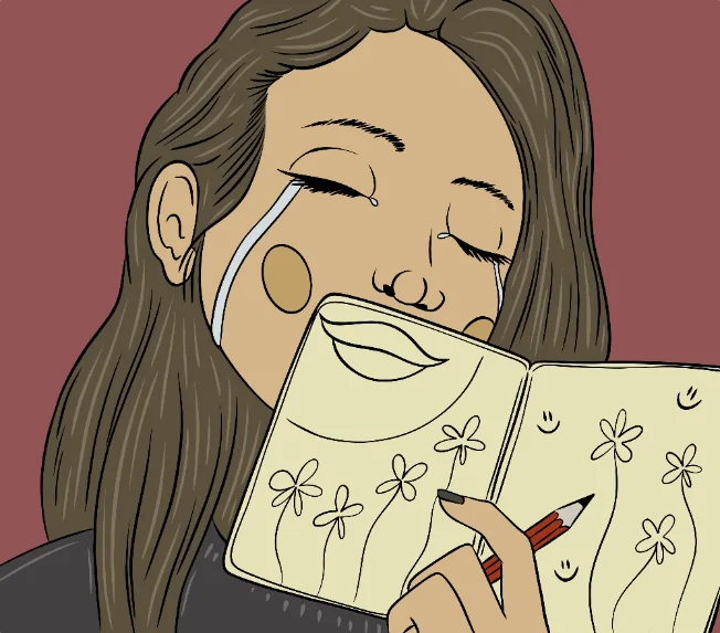 Illustration of a woman holding a sketchbook drawing of a smile in front of her face