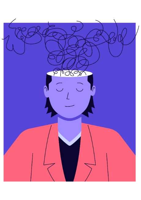 Illustration of a calm person with tangled lines of thought rising from their head
