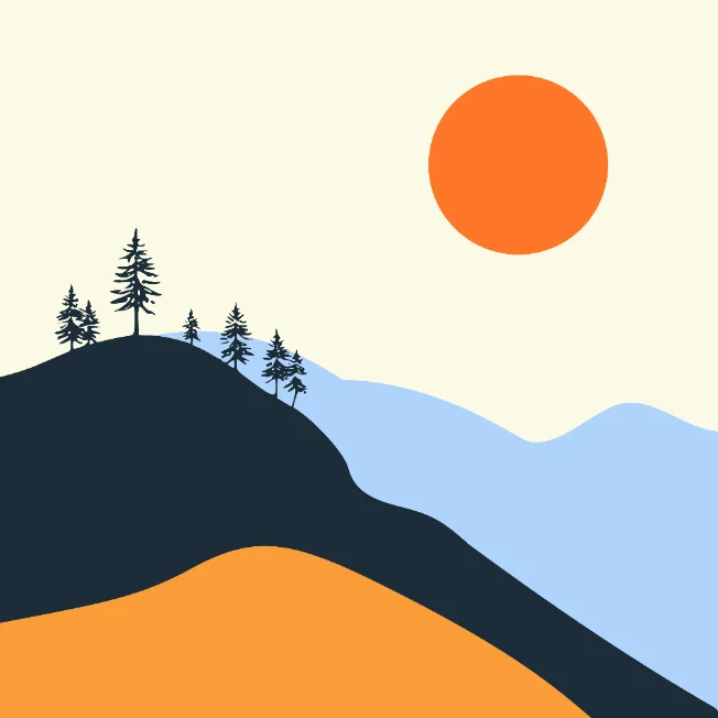 Illustration of a sun rising over hills and pine trees