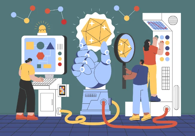 Illustration of people working alongside a robotic hand and machines