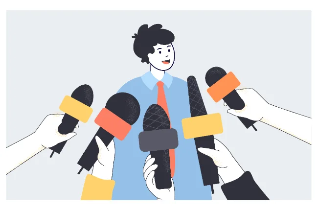 Illustration of a person speaking to a crowd of microphones