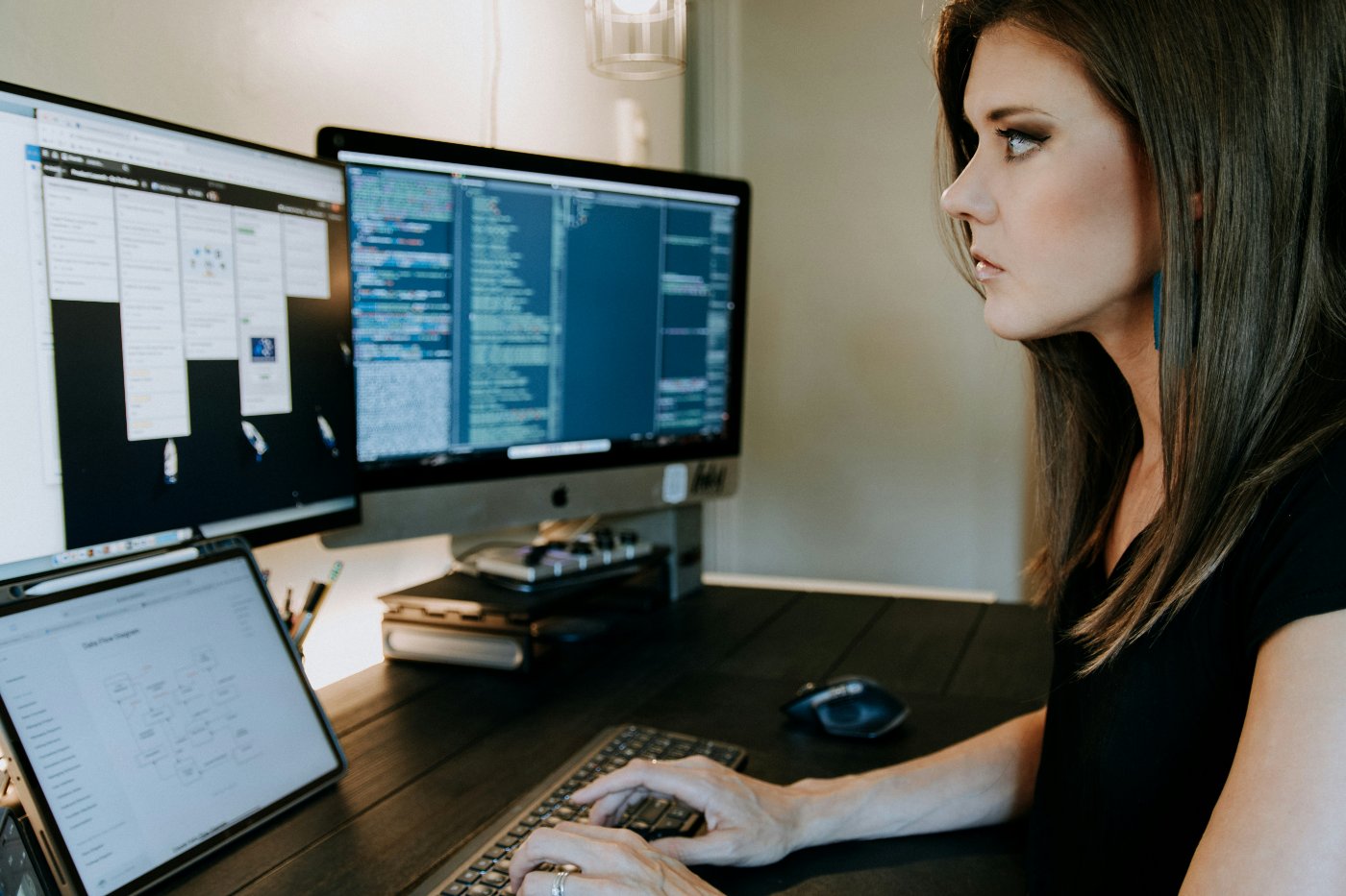 A product marketer working at a desk with two monitors and a tablet
